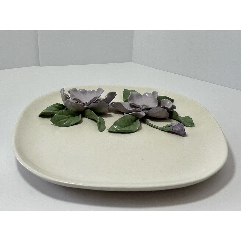 Pottery Art Square Plate With Purple‎ Flowers